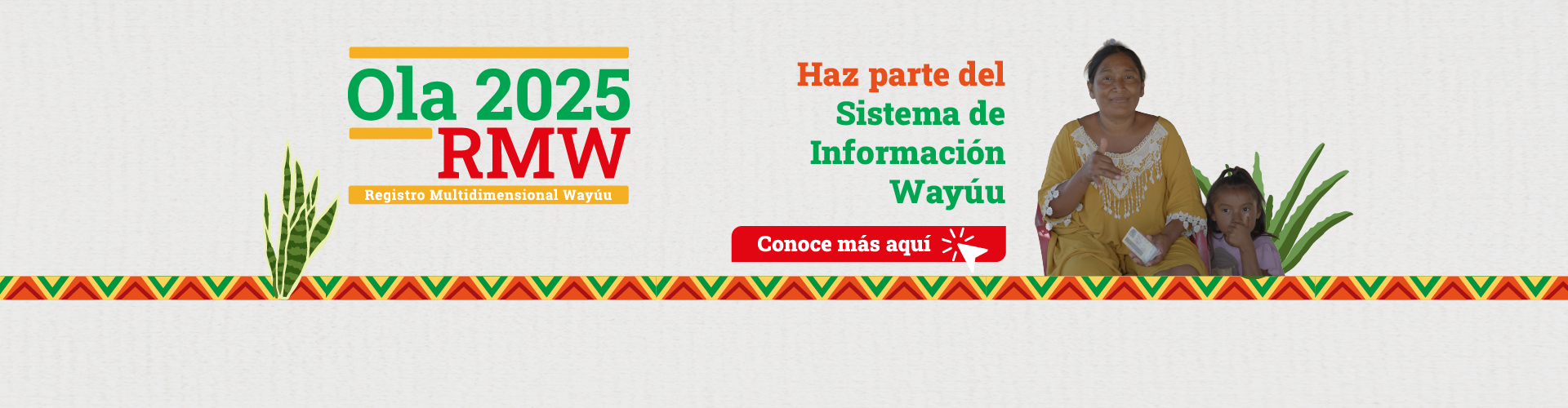 Banner de fondo artesanal e imaen de mujer y niña indígena invitando al registro Multidimensional Wayúu