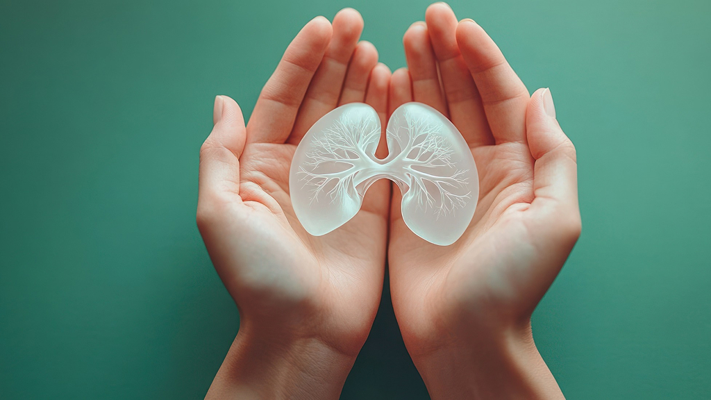 Manos abiertas sosteniendo una figura translúcida en forma de pulmones, símbolo de trasplante de órganos
