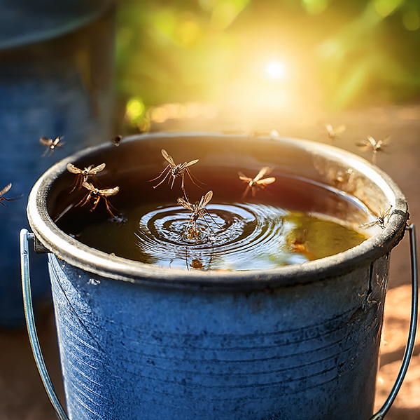 Balde con agua residual y mosquitos